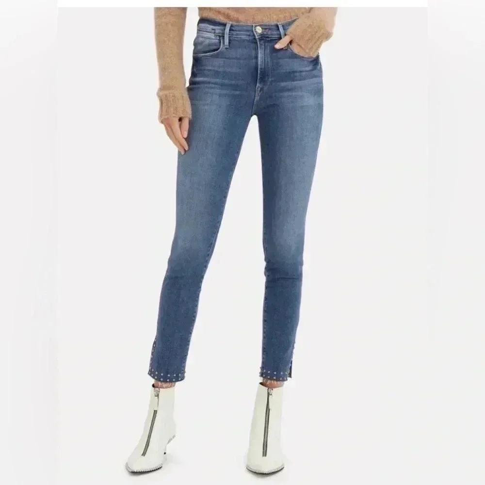 FRAME Denim Le High Studded Skinny Jeans Raw Hem Slit Hem Women's 28